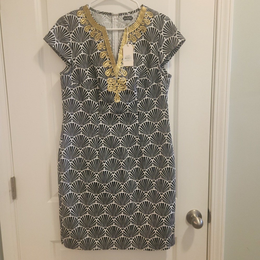 Mud Pie Jackie Dress Black and White Shell Print Gold Embroidery Size M